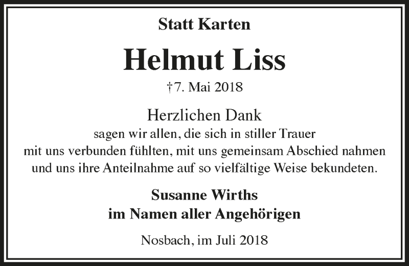  Traueranzeige für Helmut Liss vom 04.07.2018 aus  Lokalanzeiger 