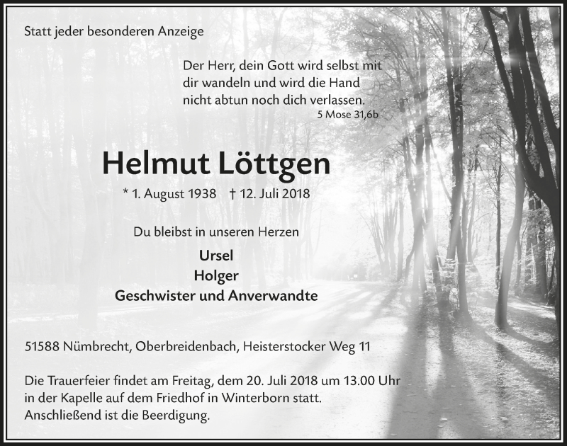 Traueranzeige für Helmut Löttgen vom 18.07.2018 aus  Lokalanzeiger 