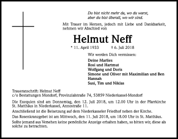 Anzeige von Helmut Neff von HS