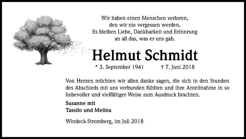  Traueranzeige für Helmut Schmidt vom 14.07.2018 aus HS