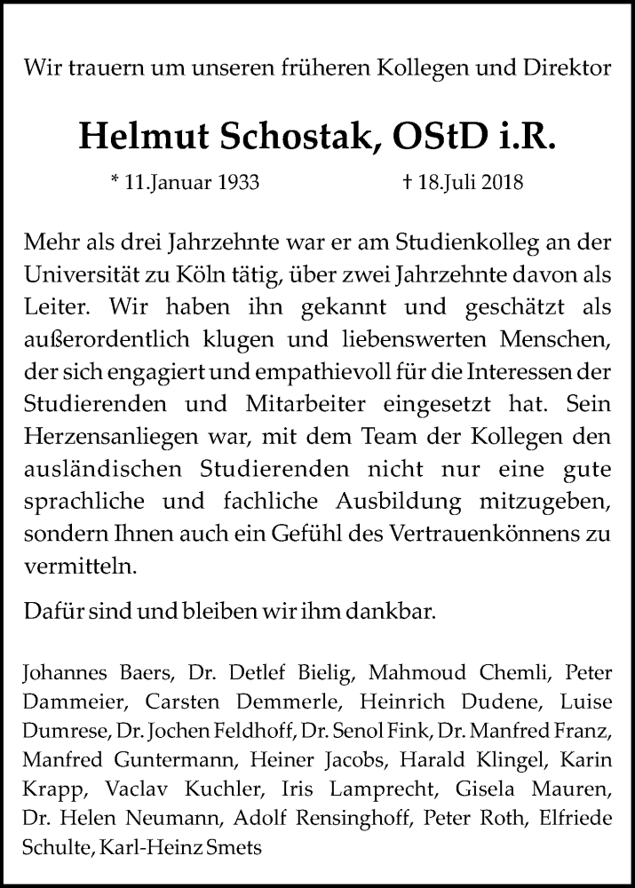  Traueranzeige für Helmut Schostak vom 25.07.2018 aus GS