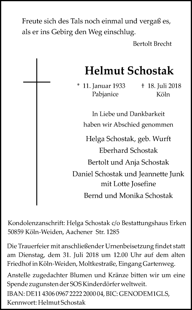  Traueranzeige für Helmut Schostak vom 25.07.2018 aus GS