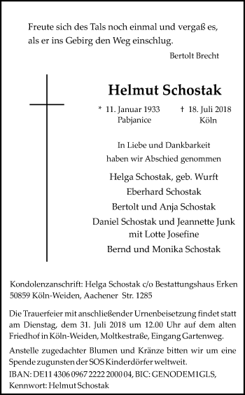 Anzeige von Helmut Schostak von GS