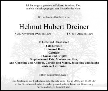 Anzeige von Helmut Hubert Dreiner von RON