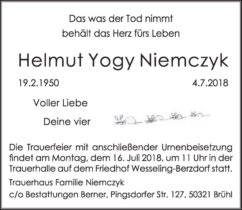  Traueranzeige für Helmut Yogy Niemczyk vom 11.07.2018 aus  Schlossbote/Werbekurier 