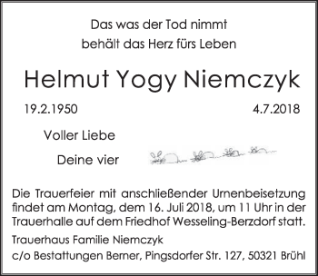 Anzeige von Helmut Yogy Niemczyk von  Schlossbote/Werbekurier 