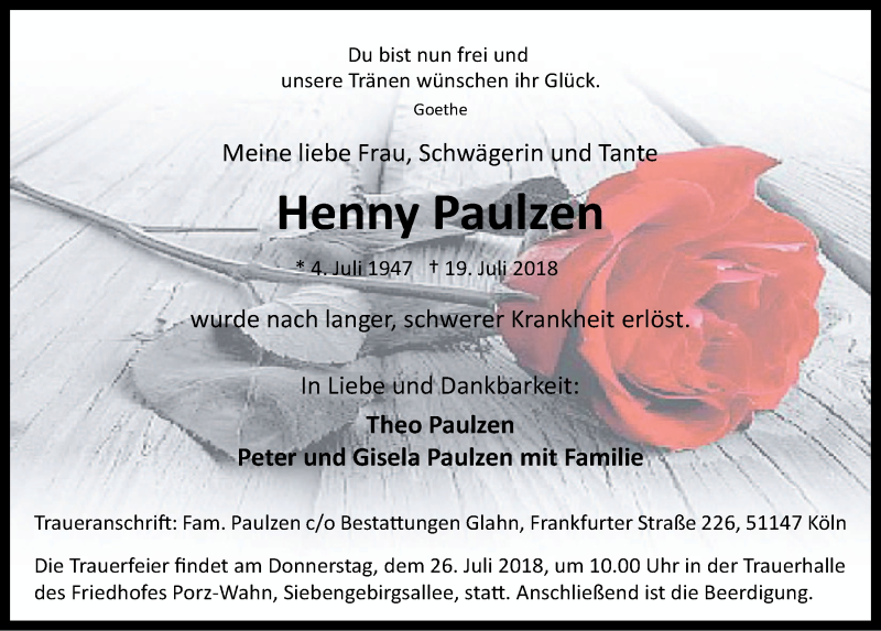  Traueranzeige für Henny Paulzen vom 25.07.2018 aus  Kölner Wochenspiegel 