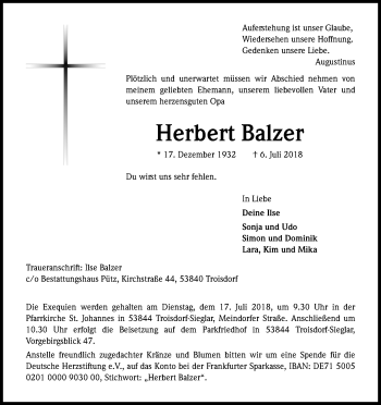 Anzeige von Herbert Balzer von HS