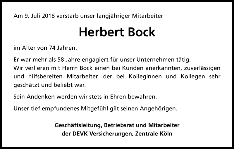  Traueranzeige für Herbert Bock vom 17.07.2018 aus Köln - Wir Trauern