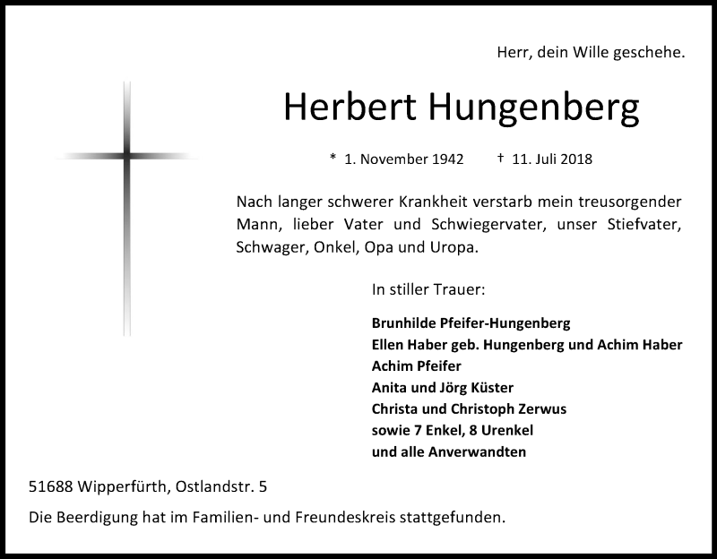  Traueranzeige für Herbert Hungenberg vom 21.07.2018 aus RB