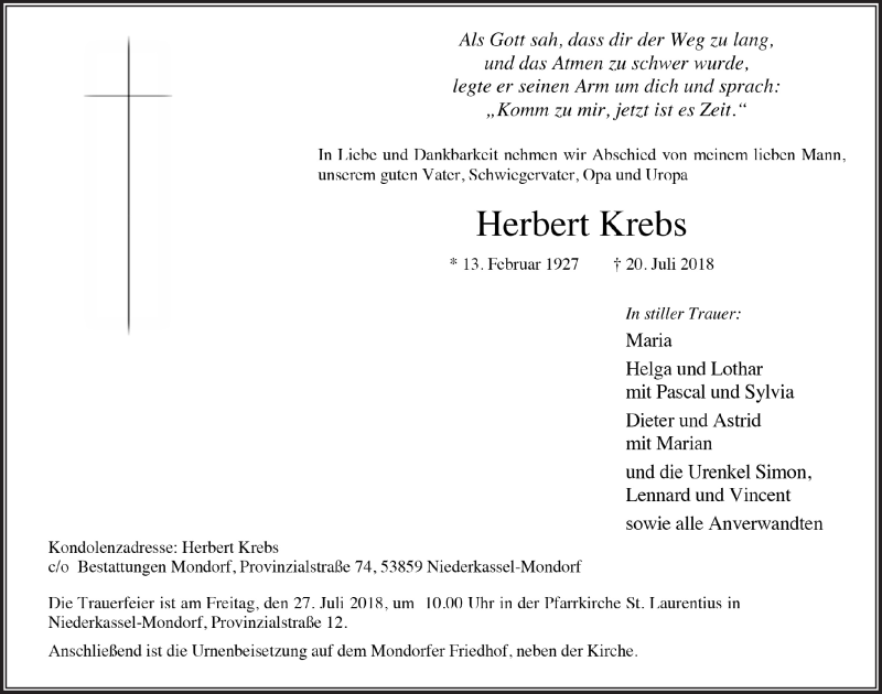  Traueranzeige für Herbert Krebs vom 25.07.2018 aus  Extra Blatt 