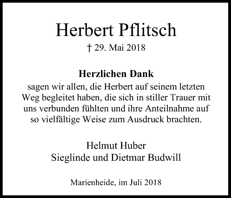  Traueranzeige für Herbert Pflitsch vom 14.07.2018 aus OB