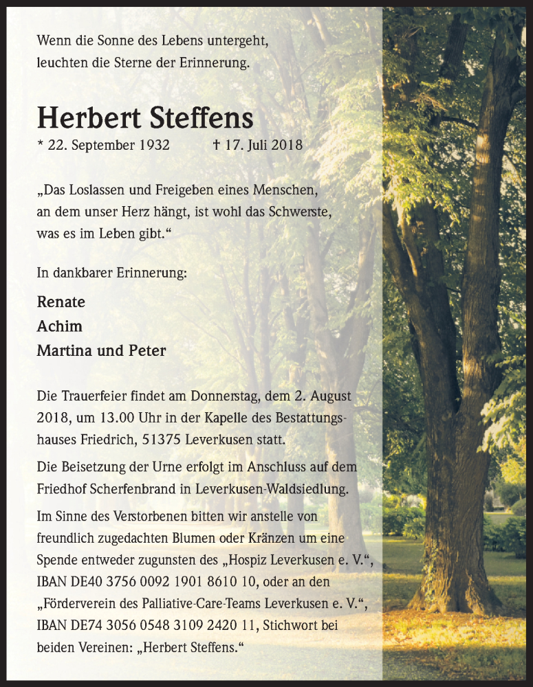  Traueranzeige für Herbert Steffens vom 28.07.2018 aus SLE