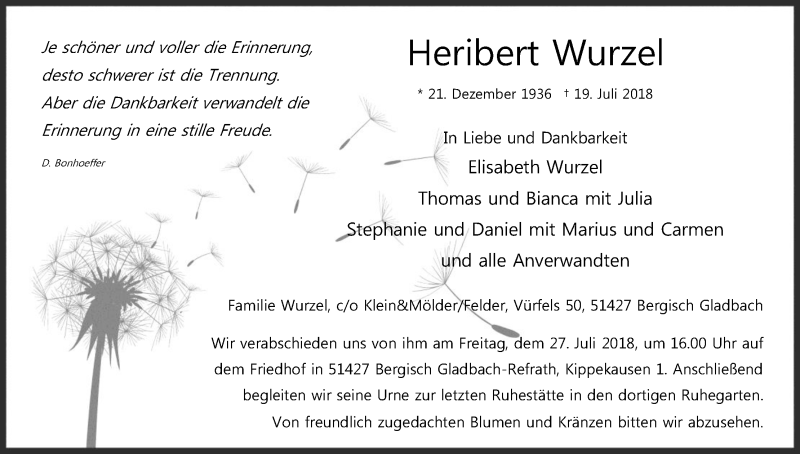  Traueranzeige für Heribert Wurzel vom 25.07.2018 aus RB