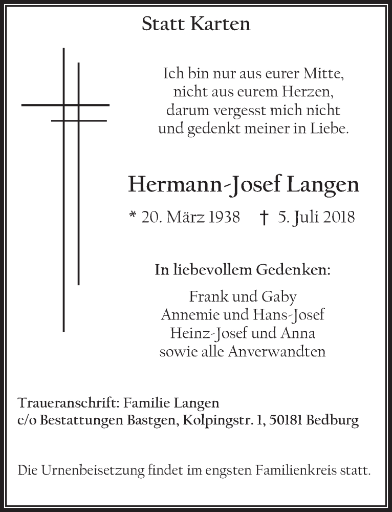  Traueranzeige für Hermann-Josef Langen vom 11.07.2018 aus  Werbepost 
