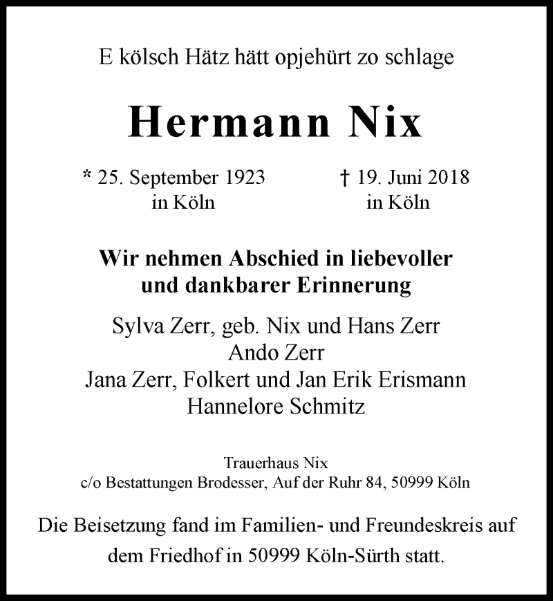 Traueranzeige für Hermann Nix vom 11.07.2018 aus  Kölner Wochenspiegel 