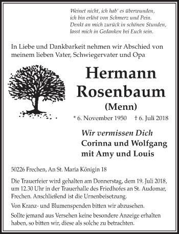Anzeige von Hermann Rosenbaum von  Sonntags-Post 