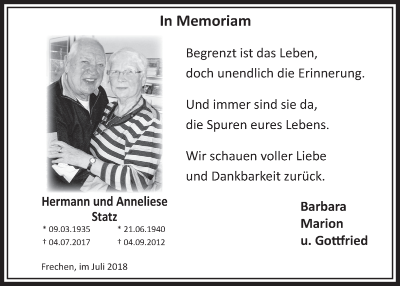  Traueranzeige für Hermann Statz vom 07.07.2018 aus  Sonntags-Post 