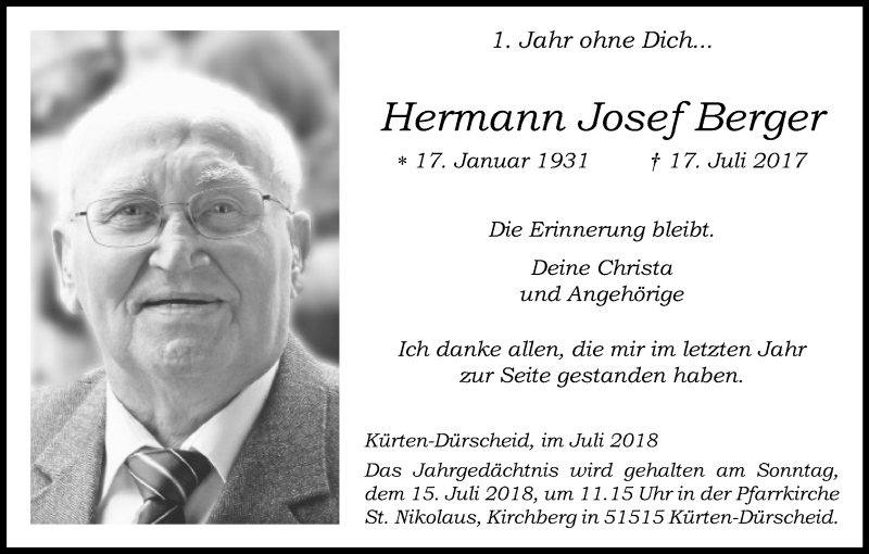  Traueranzeige für Hermann Josef Berger vom 07.07.2018 aus RB