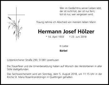 Anzeige von Hermann Josef Hölzer von SLE