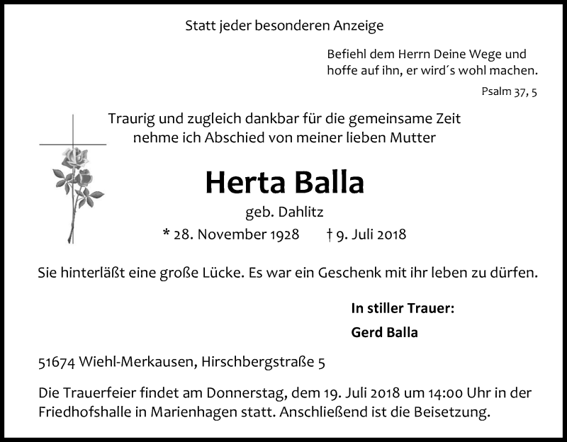  Traueranzeige für Herta Balla vom 14.07.2018 aus OB