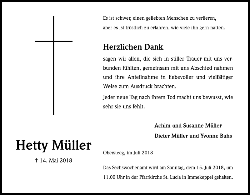  Traueranzeige für Hetty Müller vom 11.07.2018 aus RB