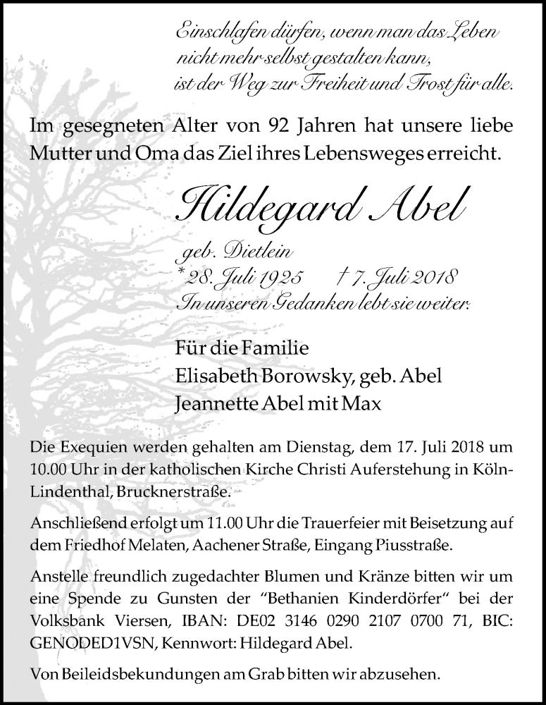  Traueranzeige für Hildegard Abel vom 14.07.2018 aus GS