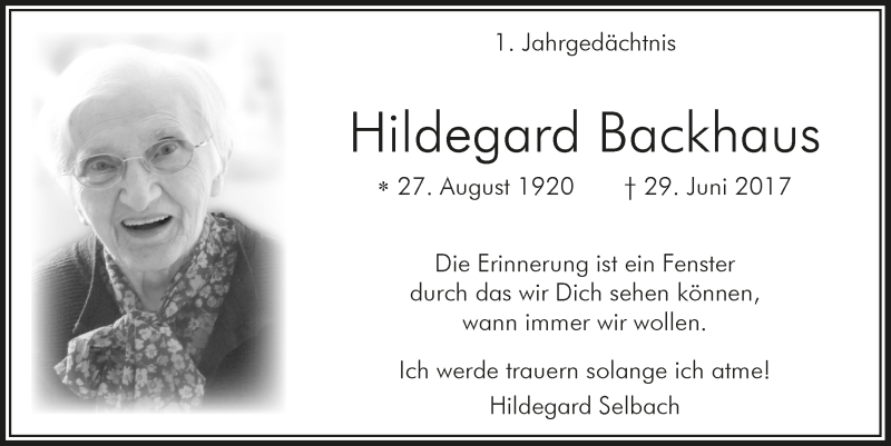  Traueranzeige für Hildegard Backhaus vom 04.07.2018 aus  Bergisches Handelsblatt 