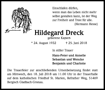 Anzeige von Hildegard Dreck von RB