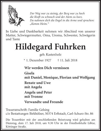 Anzeige von Hildegard Fahrken von  Sonntags-Post 