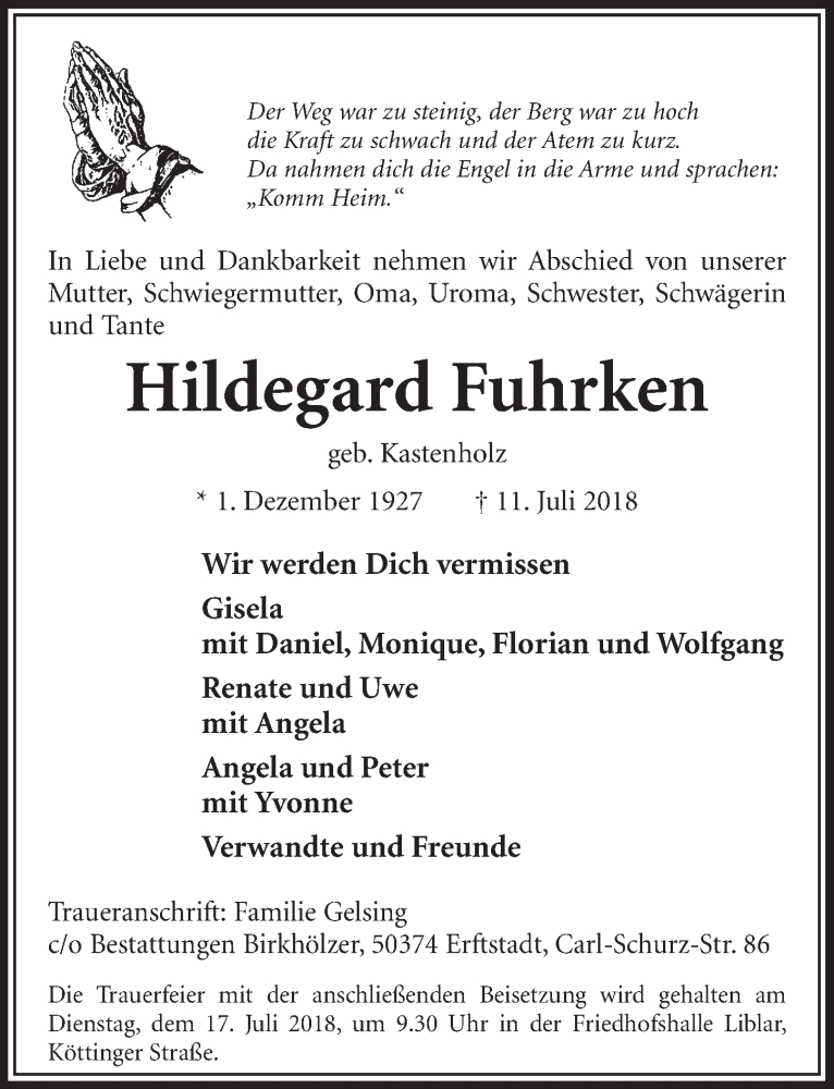  Traueranzeige für Hildegard Fahrken vom 14.07.2018 aus  Sonntags-Post 