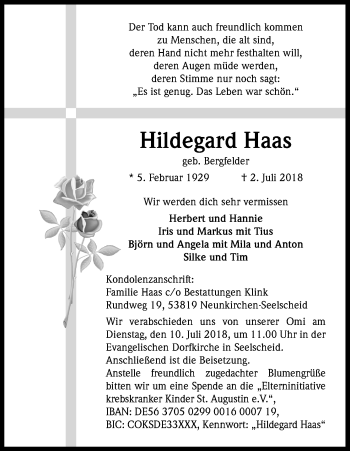 Anzeige von Hildegard Haas von HS