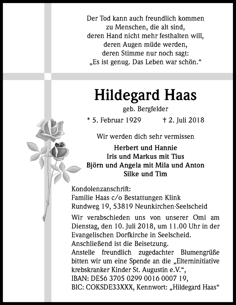  Traueranzeige für Hildegard Haas vom 07.07.2018 aus HS