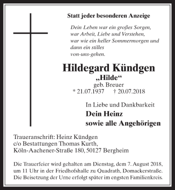 Anzeige von Hildegard Kündgen von  Werbepost 
