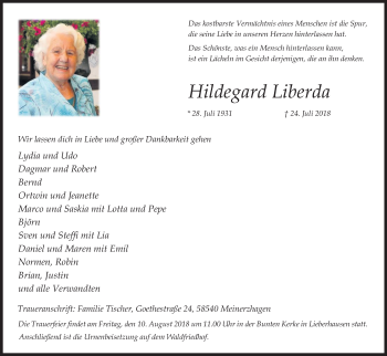Anzeige von Hildegard Liberda von Kölner Stadt-Anzeiger / Kölnische Rundschau / Express