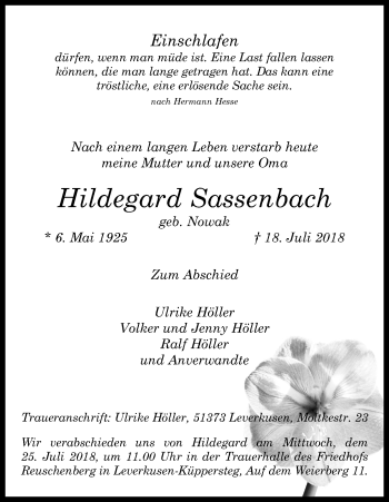 Anzeige von Hildegard Sassenbach von SLE