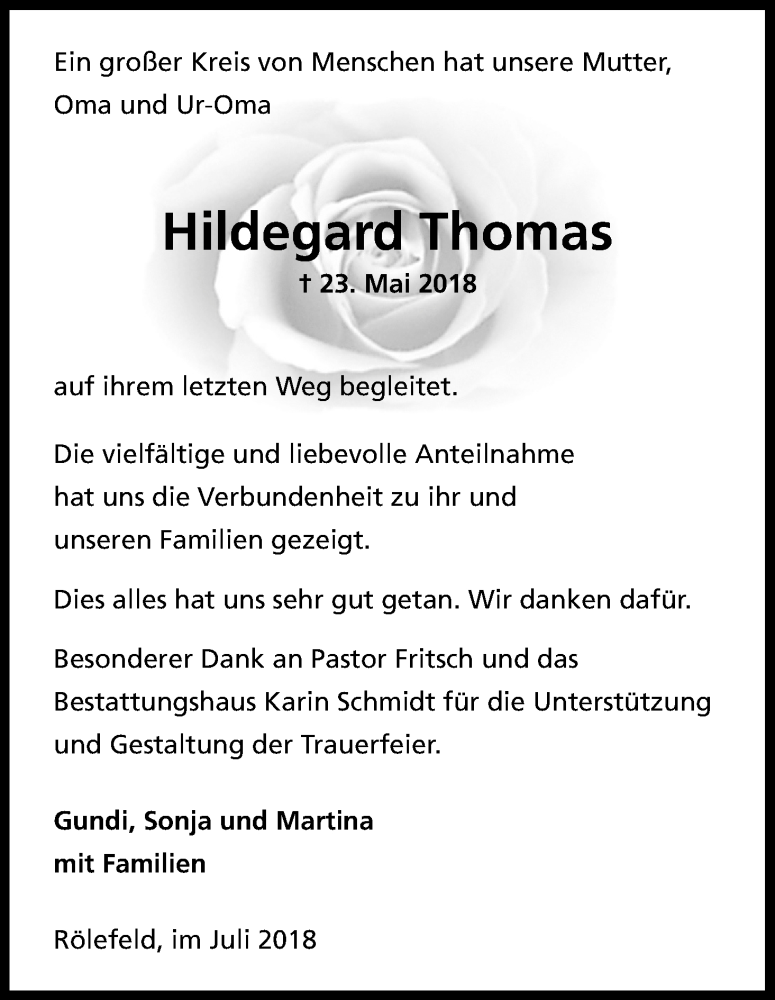  Traueranzeige für Hildegard Thomas vom 17.07.2018 aus Köln - Wir Trauern
