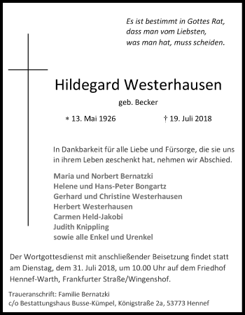 Anzeige von Hildegard Westerhausen von HS