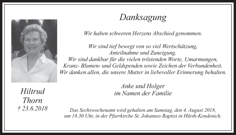  Traueranzeige für Hiltrud Thorn vom 01.08.2018 aus  Wochenende 