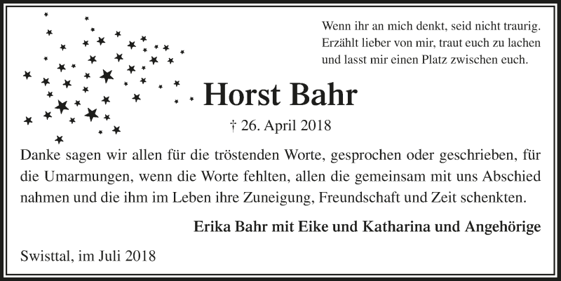 Traueranzeige für Horst Bahr vom 04.07.2018 aus  Schaufenster/Blickpunkt 