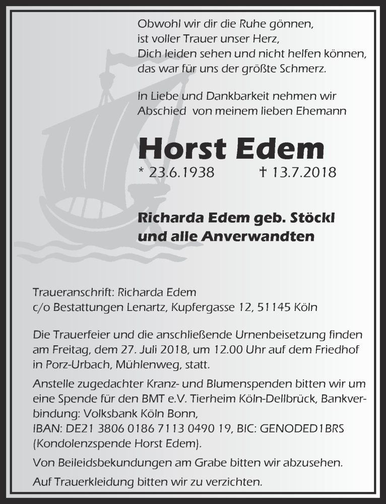  Traueranzeige für Horst Edem vom 25.07.2018 aus  Kölner Wochenspiegel 
