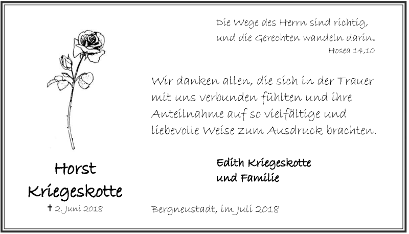  Traueranzeige für Horst Kriegeskotte vom 18.07.2018 aus  Anzeigen Echo 