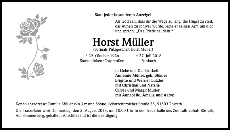  Traueranzeige für Horst Müller vom 31.07.2018 aus RB