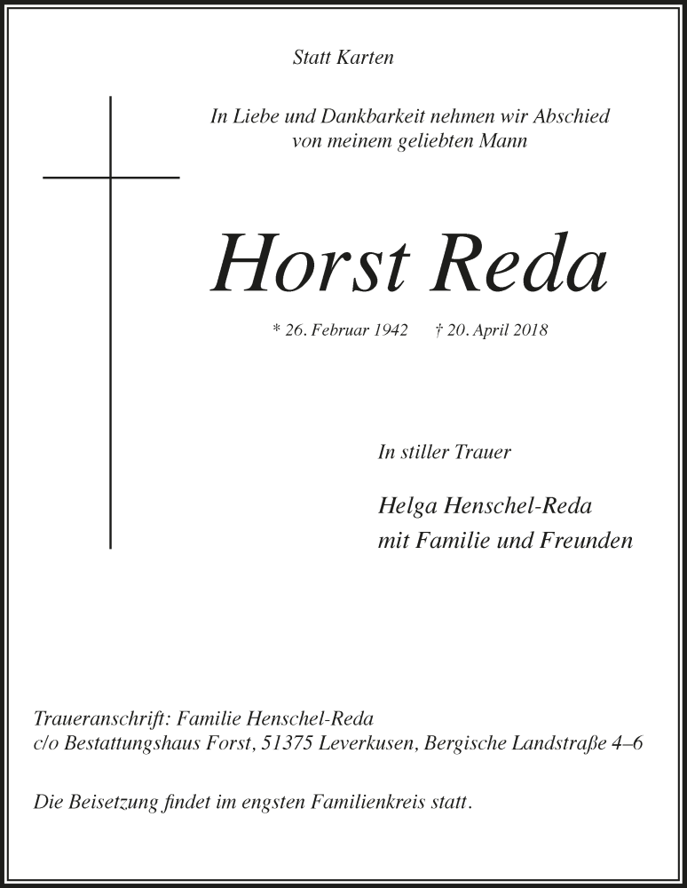  Traueranzeige für Horst Reda vom 18.07.2018 aus  Lokale Informationen 