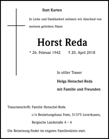 Anzeige von Horst Reda von SLE