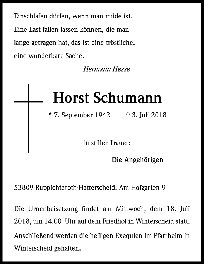  Traueranzeige für Horst Schumann vom 11.07.2018 aus HS