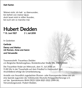 Anzeige von Hubert Dedden von OB