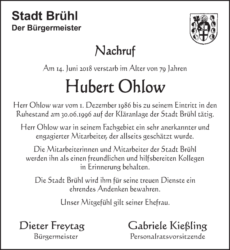  Traueranzeige für Hubert Ohlow vom 11.07.2018 aus  Schlossbote/Werbekurier 
