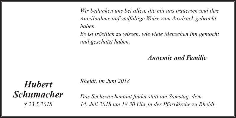  Traueranzeige für Hubert Schumacher vom 11.07.2018 aus  Extra Blatt 