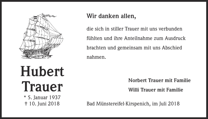  Traueranzeige für Hubert Trauer vom 21.07.2018 aus  Blickpunkt Euskirchen 